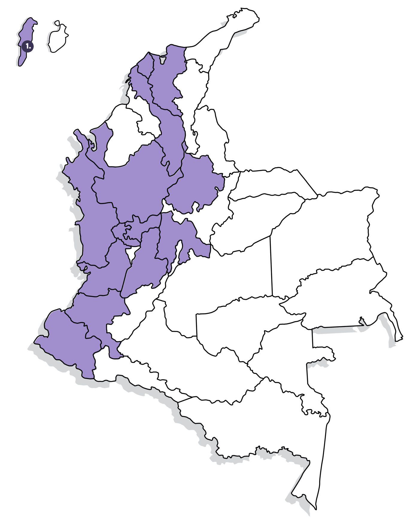 Mapa de Colombia con los territorios donde la Red tiene presencia resaltados
